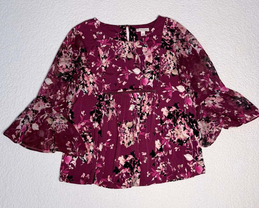 Dressbarn Burgundy Floral Bell Sleeve Blouse Size M